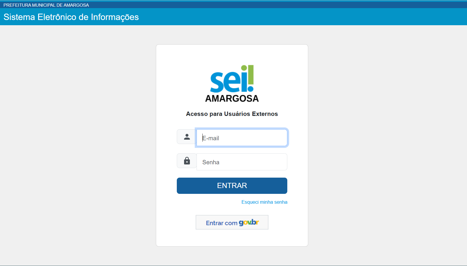 Página principal do SEI Amargosa, com destaque para o acesso GOV.BR