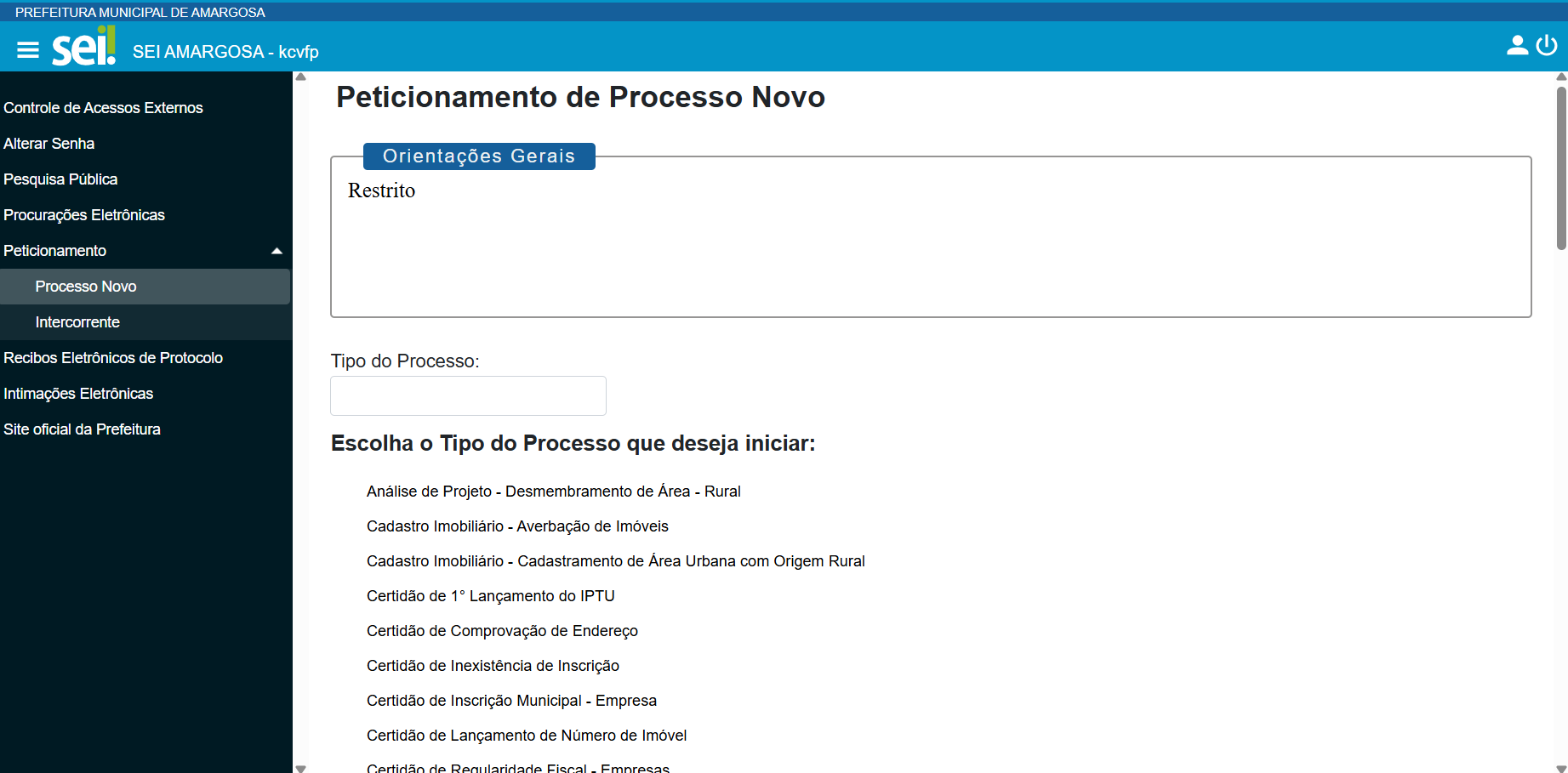 Tela do SEI para escolha do tipo de processo