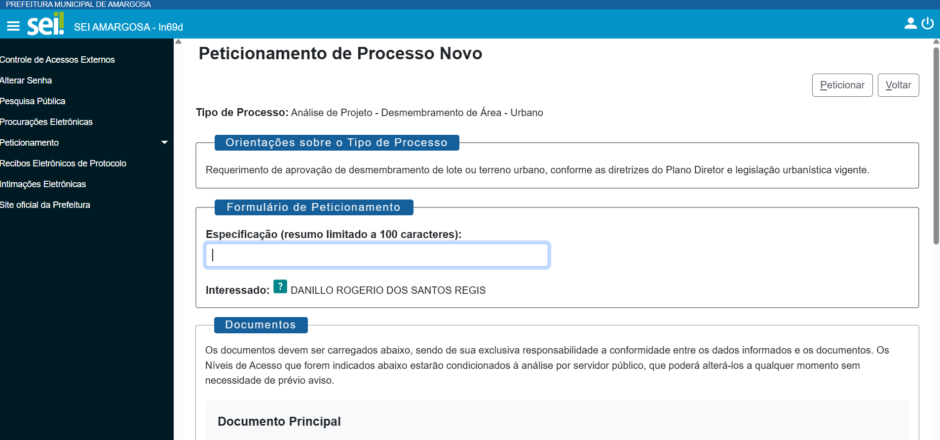 Formulário de peticionamento do SEI